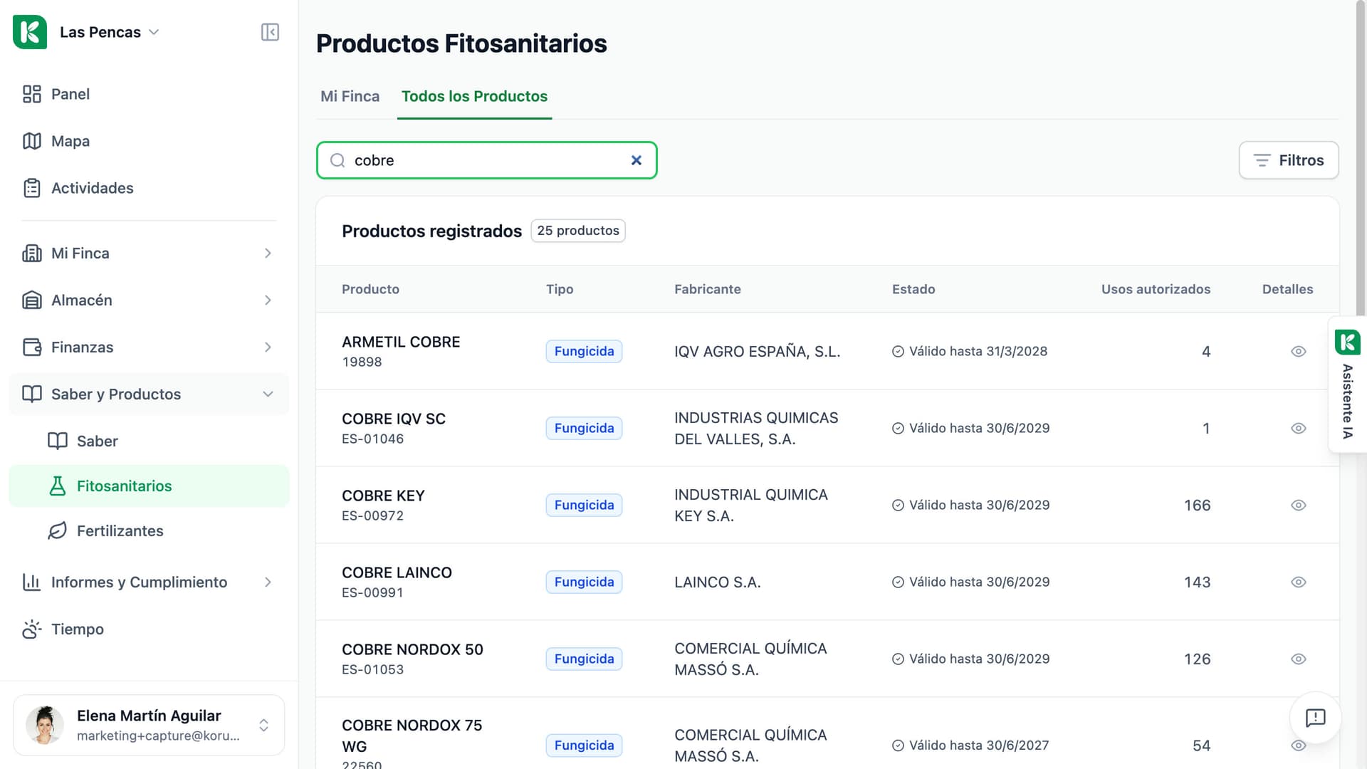 Registro de fitosanitarios de Koru con una búsqueda de un producto de cobre entre todos los productos registrados.