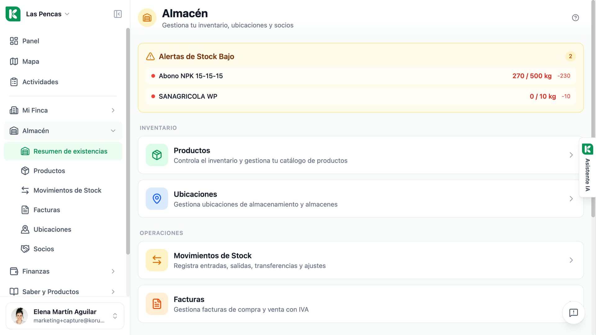 Resumen del almacén en Koru: alertas de stock bajo y accesos a productos, ubicaciones, movimientos y facturas.