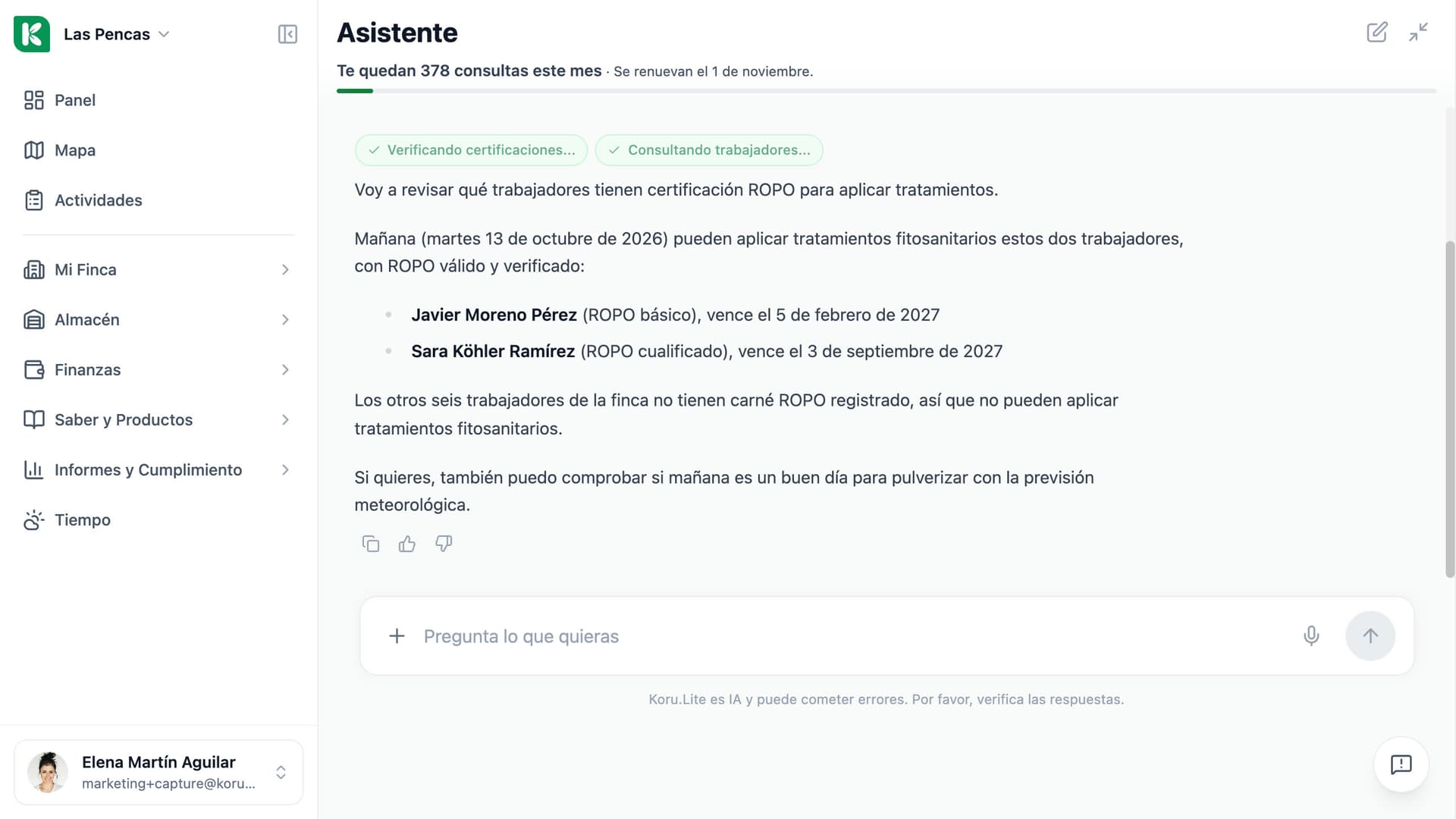 El asistente de Koru respondiendo quién puede aplicar tratamientos mañana: los trabajadores con carné ROPO en vigor y sus fechas de caducidad.