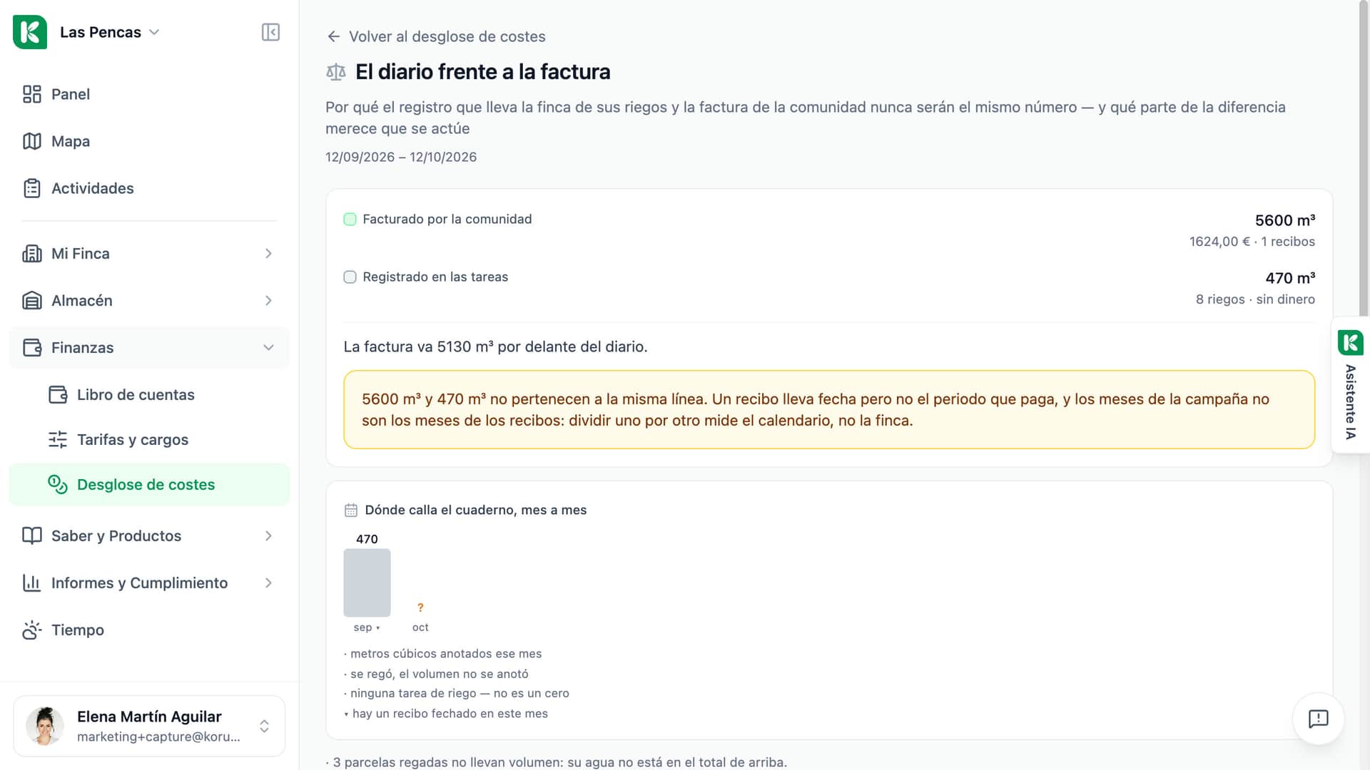 Página «El diario frente a la factura» de Koru: metros cúbicos facturados por la comunidad junto a los metros cúbicos anotados en los riegos, mes a mes, con los recibos debajo.