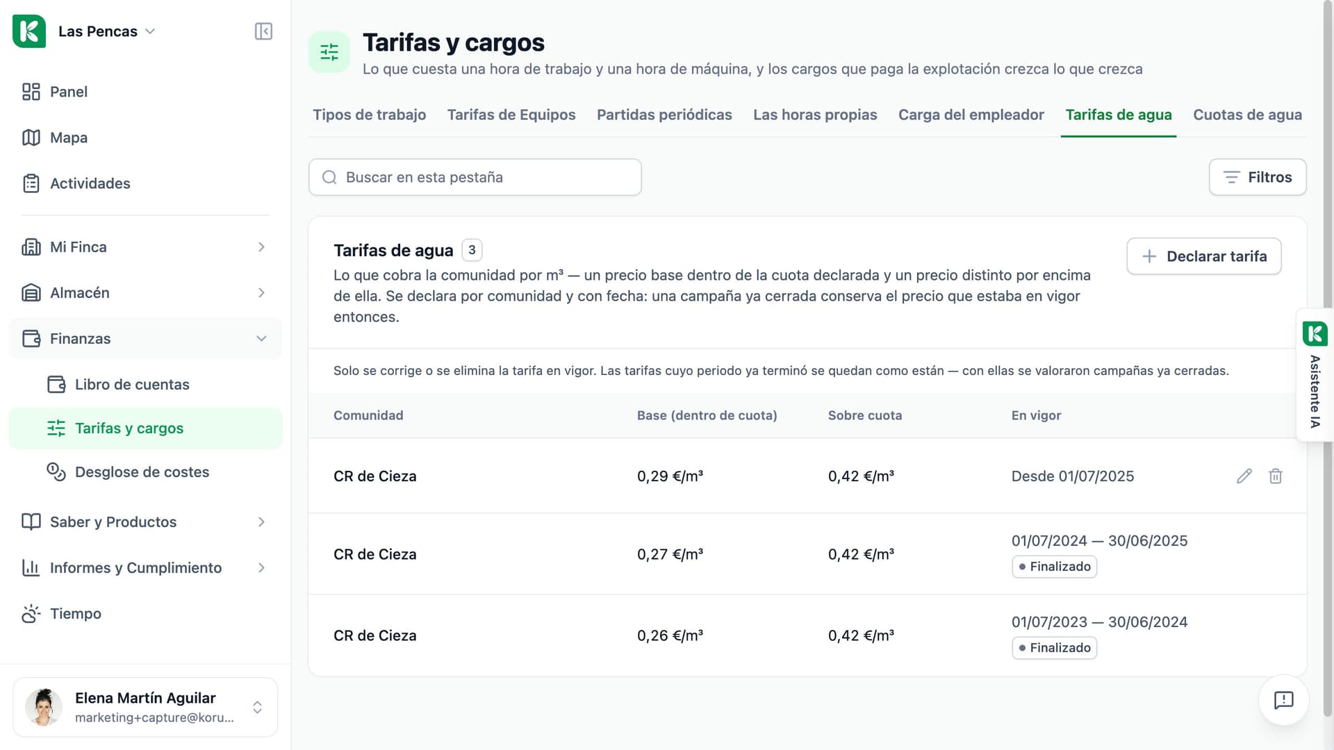 Página Tarifas y cargos de Koru, pestaña Tarifas de agua: el precio del metro cúbico dentro de la cuota y sobre cuota, con la fecha desde la que rige cada tarifa.