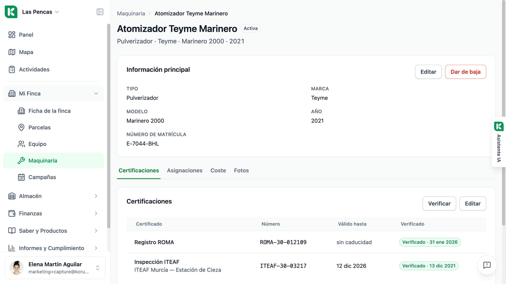 Ficha de un pulverizador en Koru: modelo y matrícula, con su inscripción en el ROMA y las fechas de inspección ITEAF.