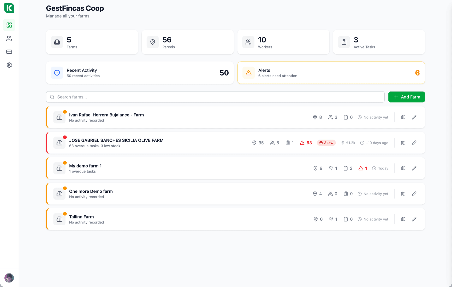 Panel del hub multifinca. Barra lateral con 48 fincas socias; vista principal con tratamientos consolidados, movimientos de stock y estado de cumplimiento de toda la cooperativa.