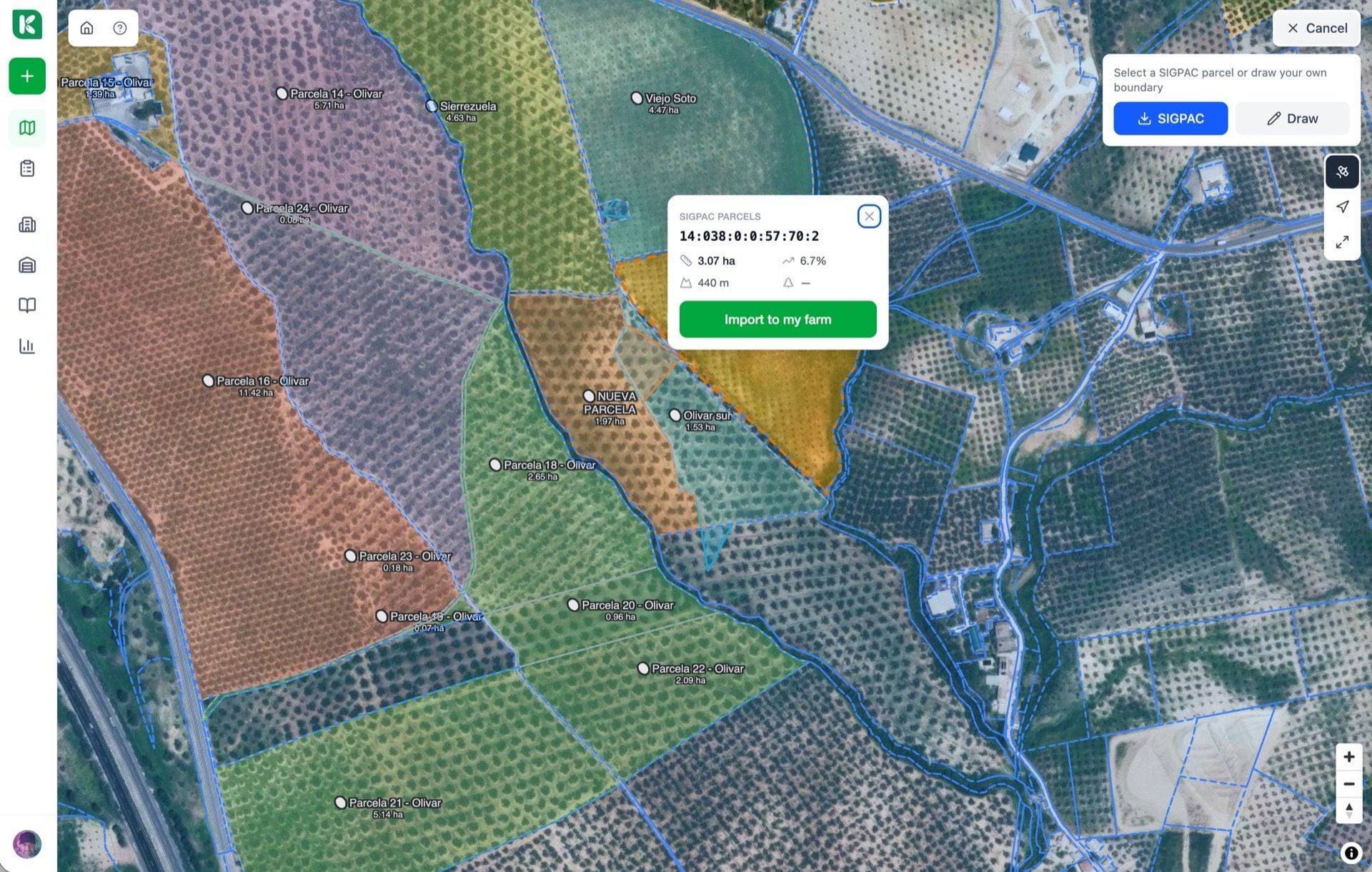 Import screen showing a list of cadastral parcels with checkboxes, each with surface area and crop tag, and a green 'Import selected' button.