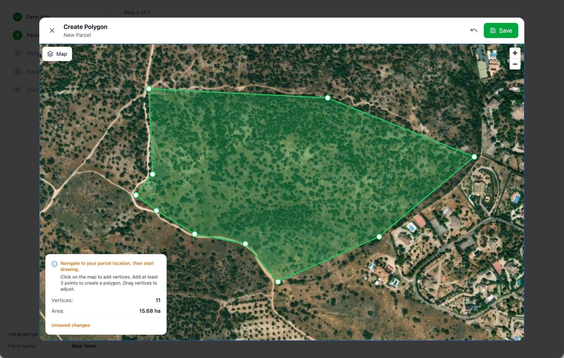 Mobile map in edit mode showing draggable vertices on a parcel boundary, a floating 'Save' button, and a small callout showing the recalculated surface area.