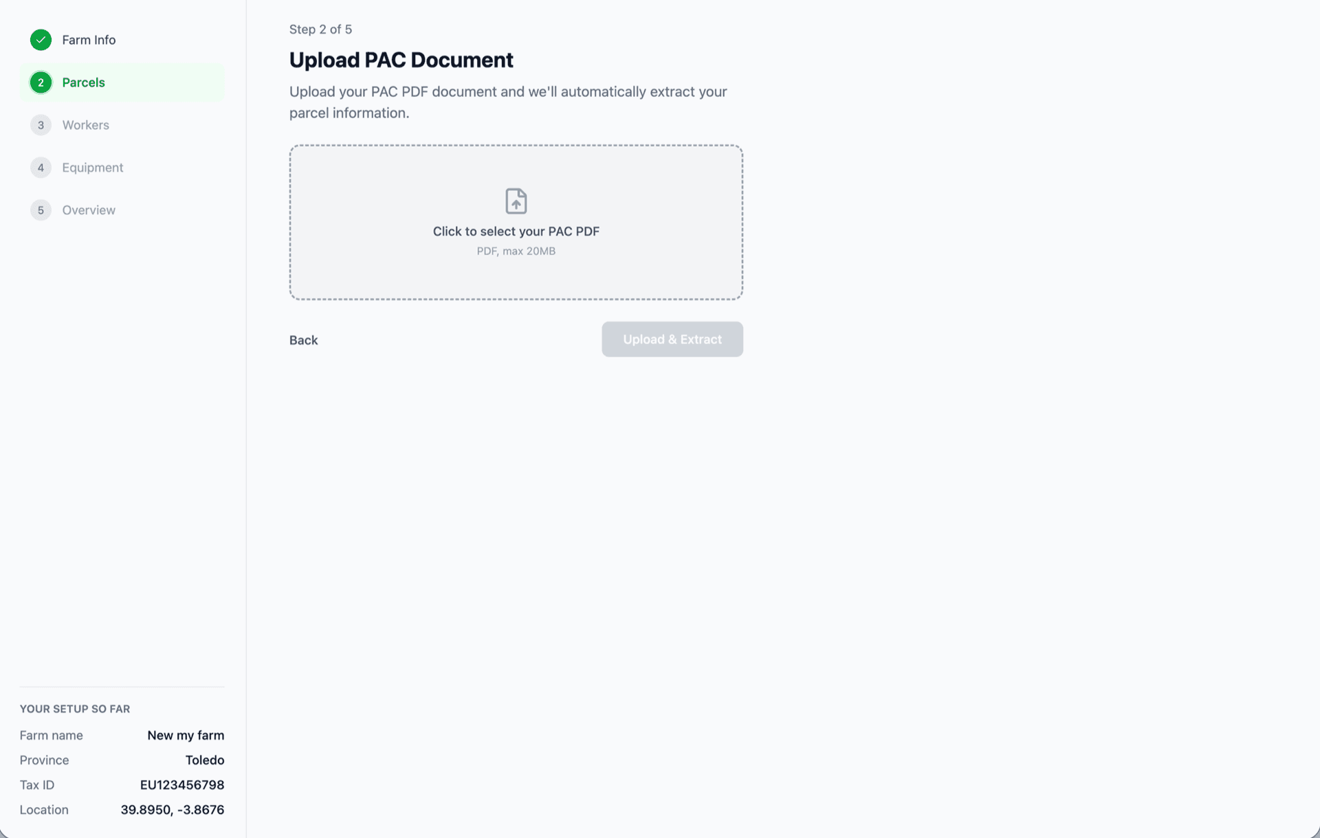 Mobile onboarding screen showing a 5-step progress bar at top, a list of 42 imported parcels with crop tags, and a green 'Continue' button.