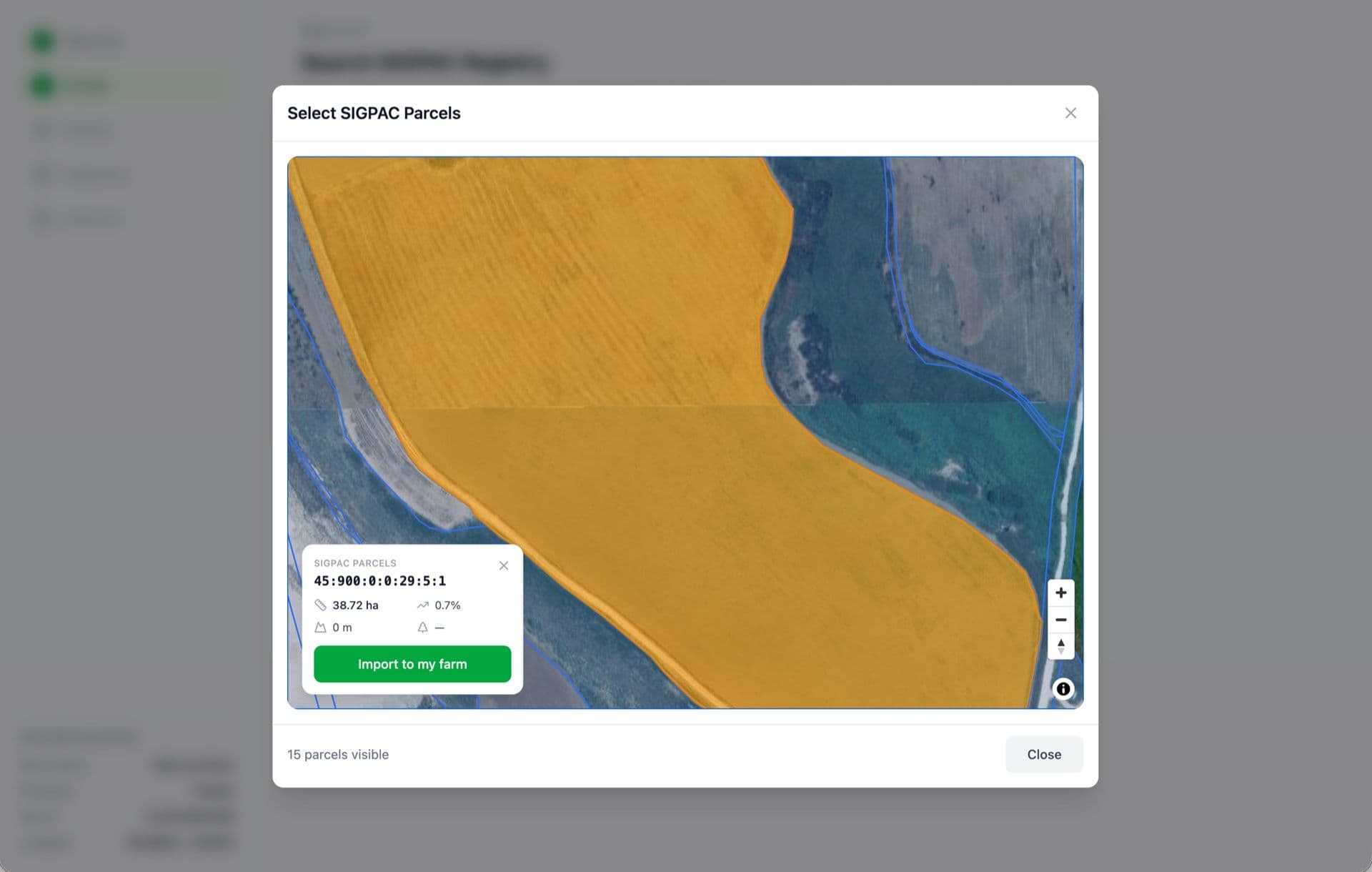Phone screen showing an export summary — total hectares, parcels by crop, eco-scheme tags, a 'Download' button and a 'Share with advisor' secondary action.