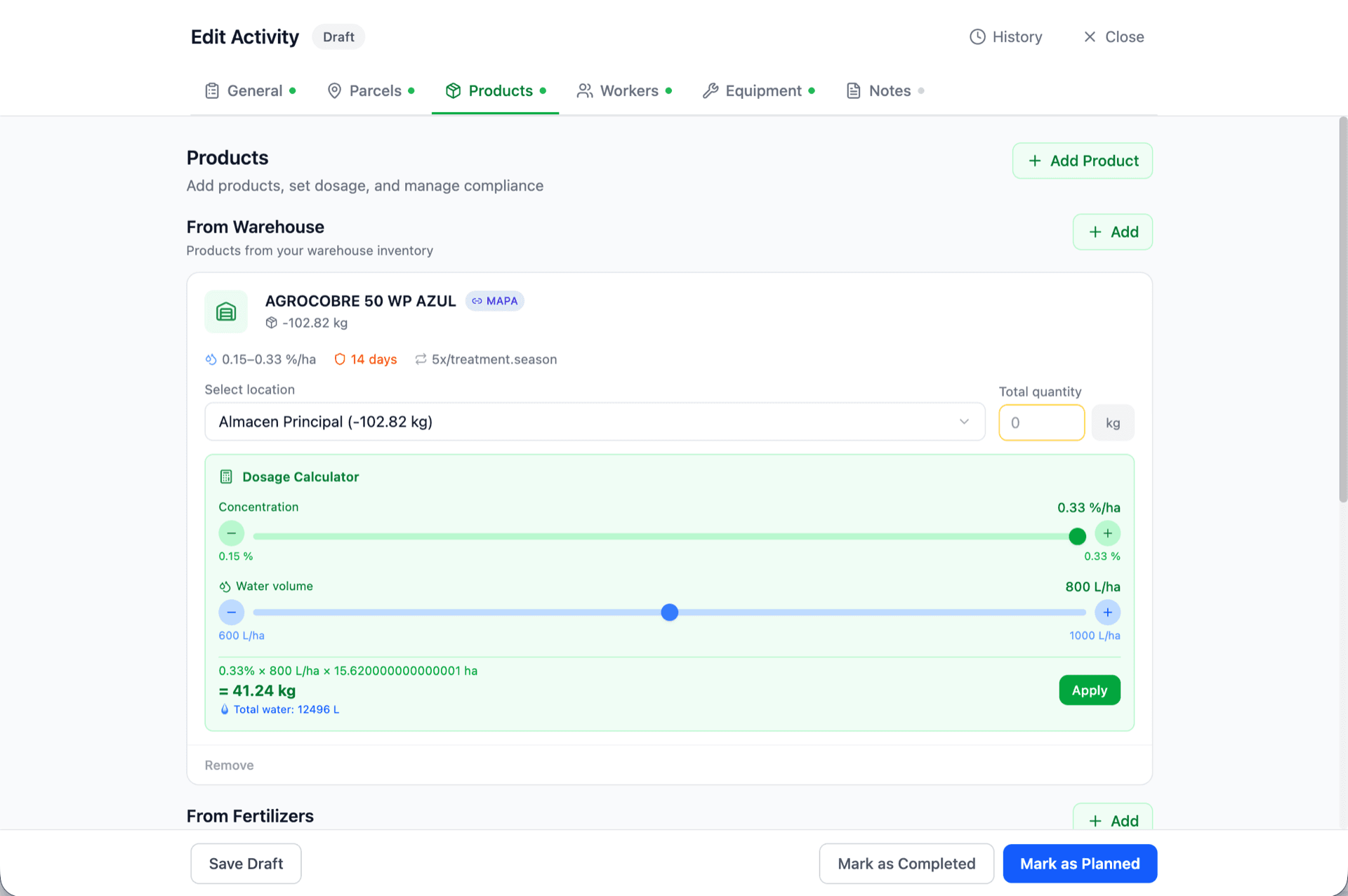 Application confirmation screen showing a dose slider with an enforced maximum, a green 'within limit' check, a nitrogen-unit running total, and a pre-harvest interval callout.
