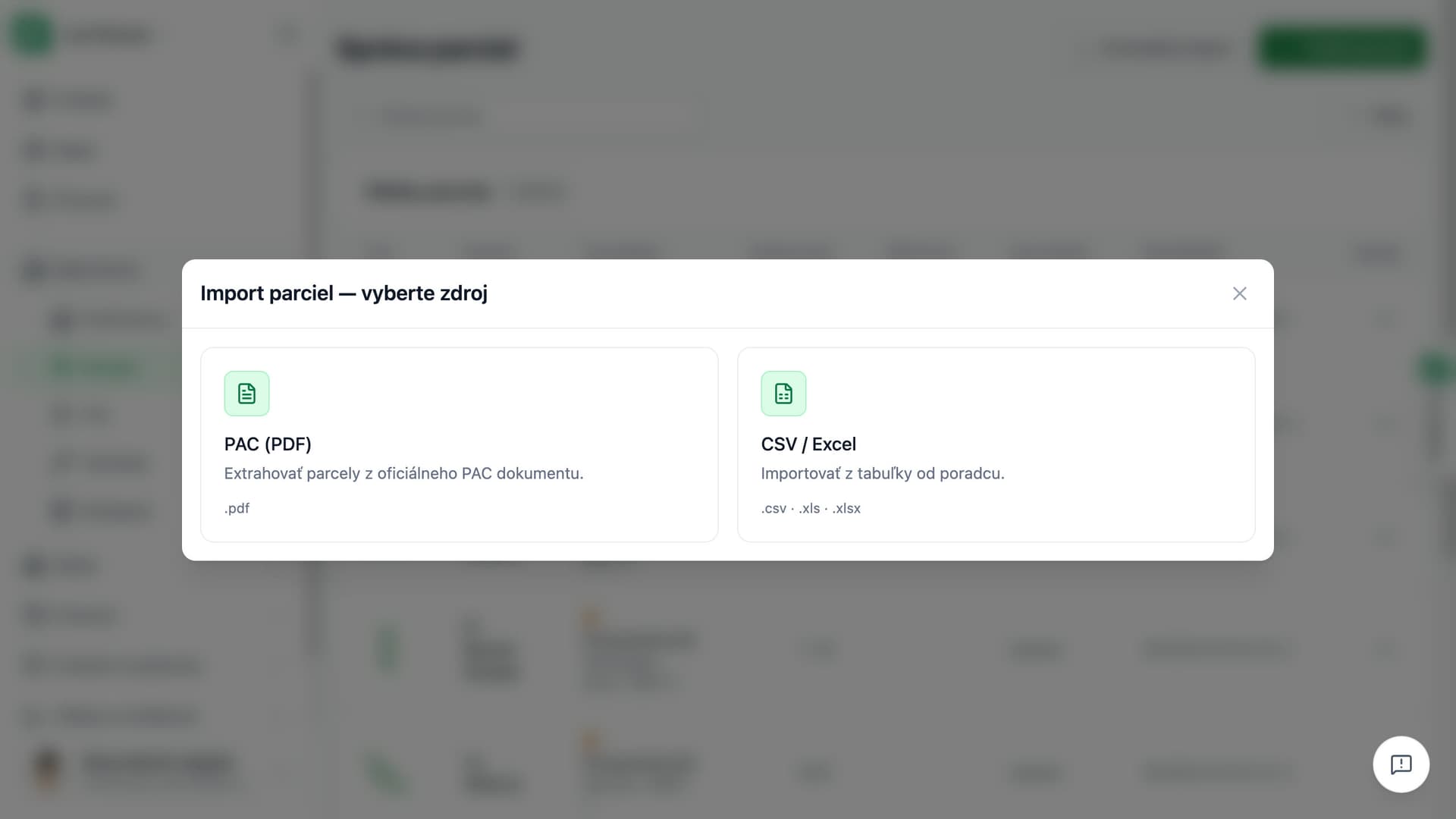 Import parciel v Koru: dialóg na výber zdroja — PDF žiadosti PAC alebo súbor CSV / Excel.