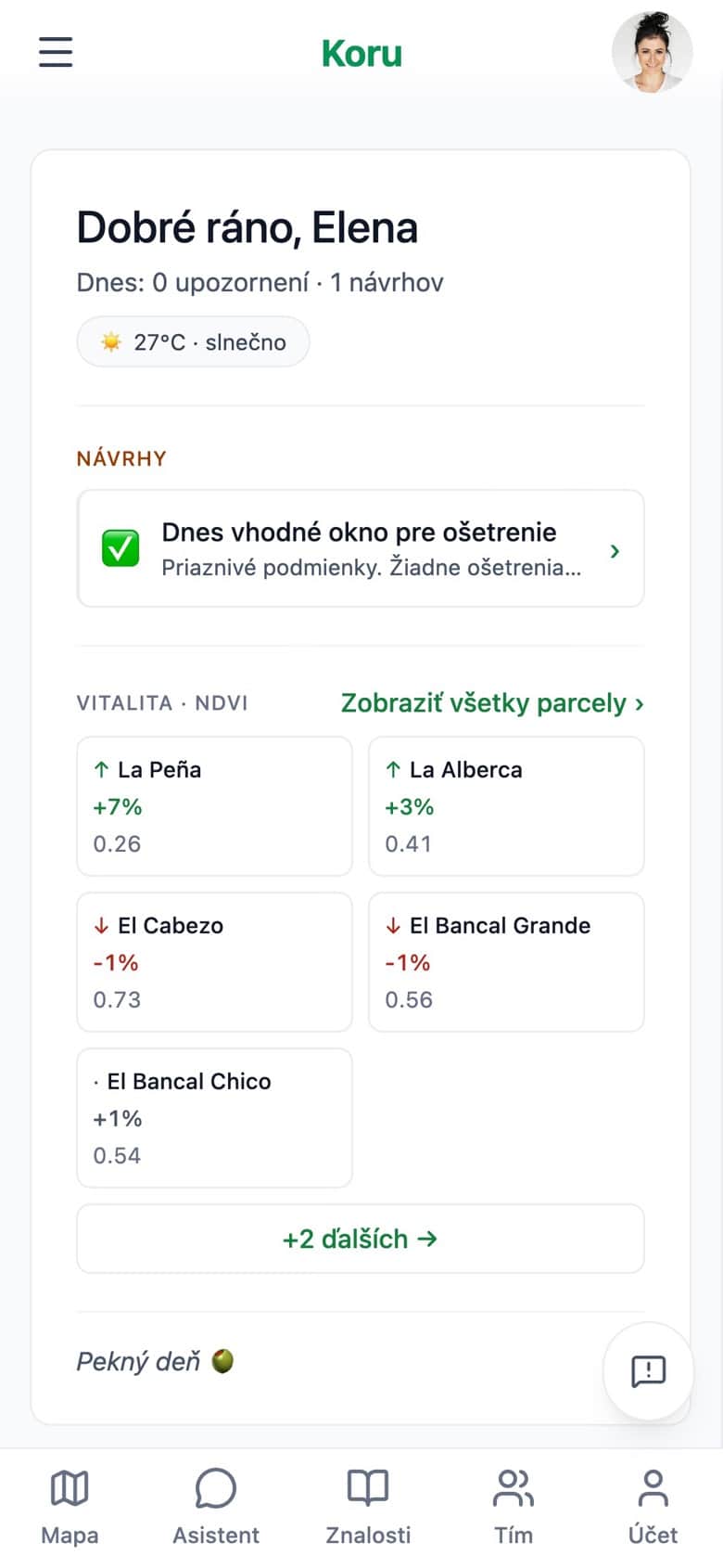 Prehľad Koru Lite na šírku telefónu: dnešný návrh a zmena NDVI každej parcely