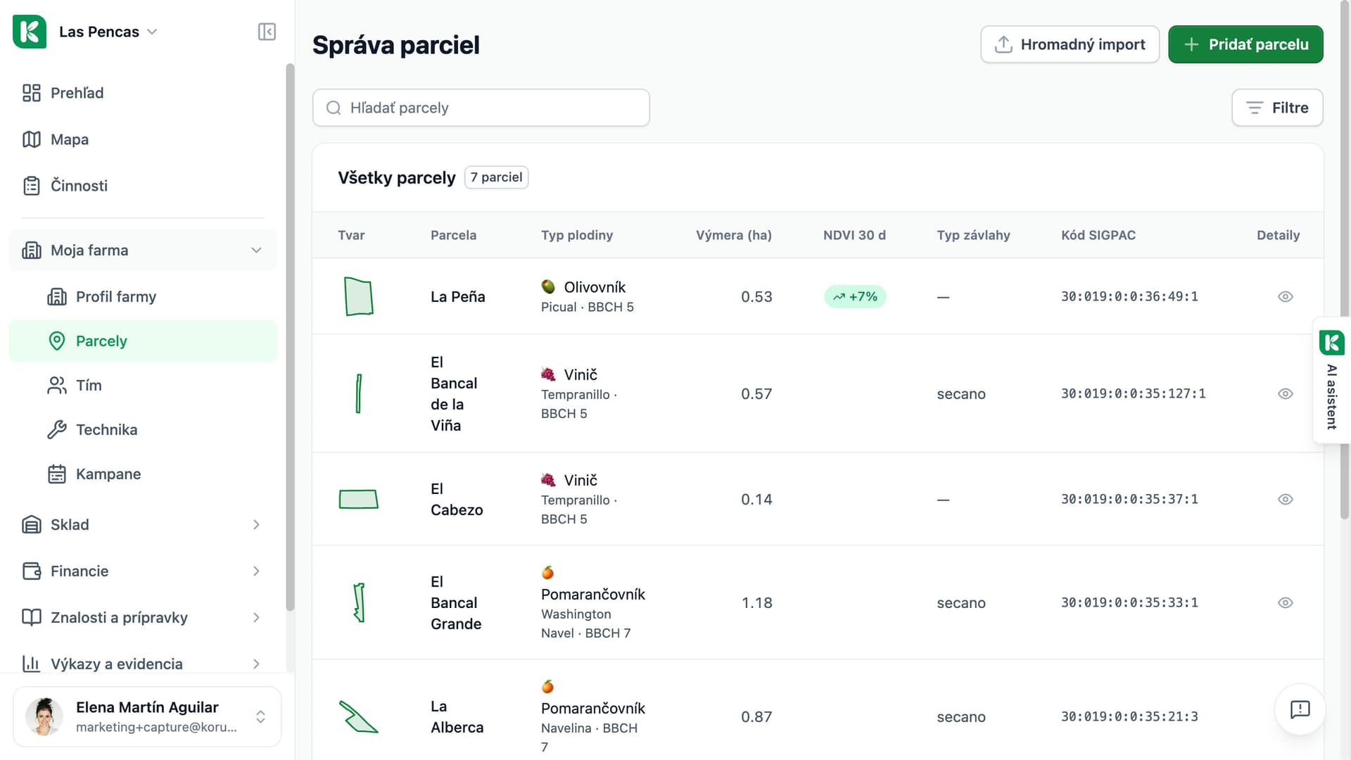 Zoznam parciel v Koru: každá parcela s plodinou, výmerou, vegetačným indexom a kódom SIGPAC a akcia Hromadný import.