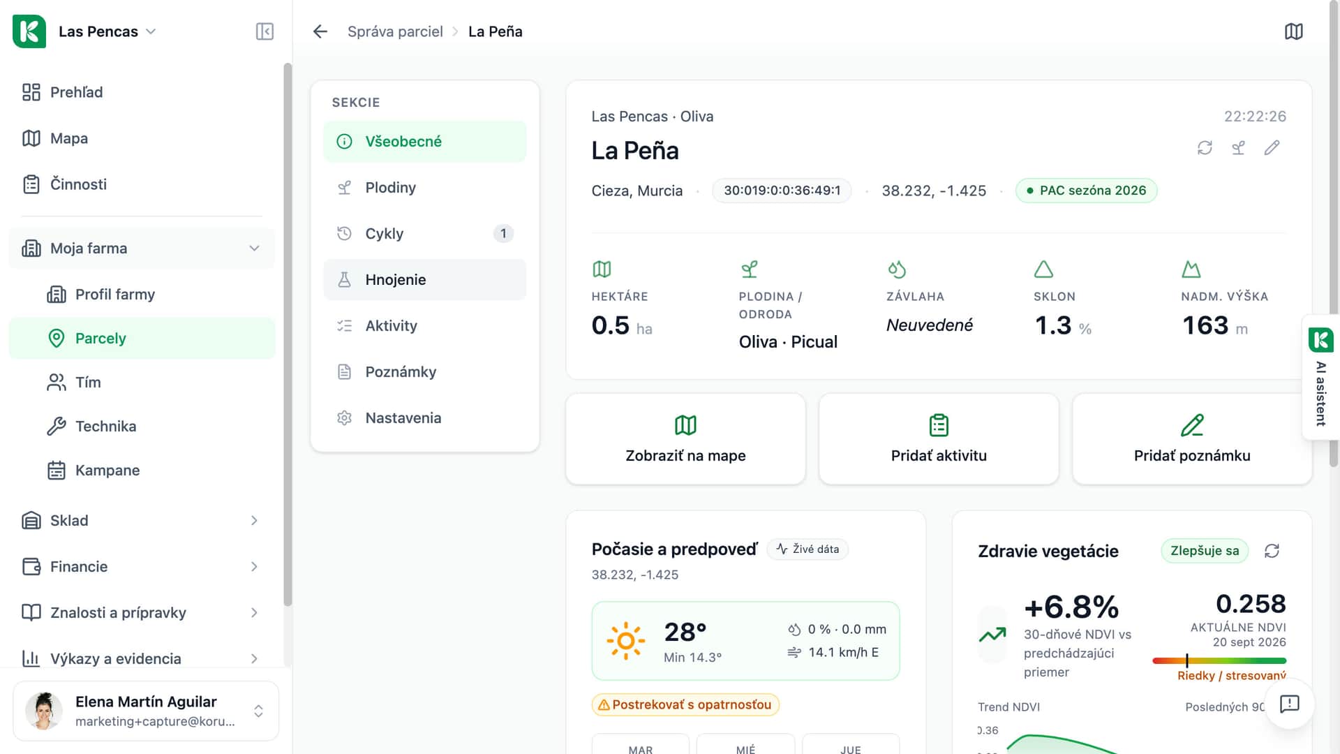 Stránka parcely La Peña v Koru: výmera, plodina, počasie a blok Zdravie vegetácie so zmenou oproti 30-dňovému priemeru a aktuálnym NDVI.