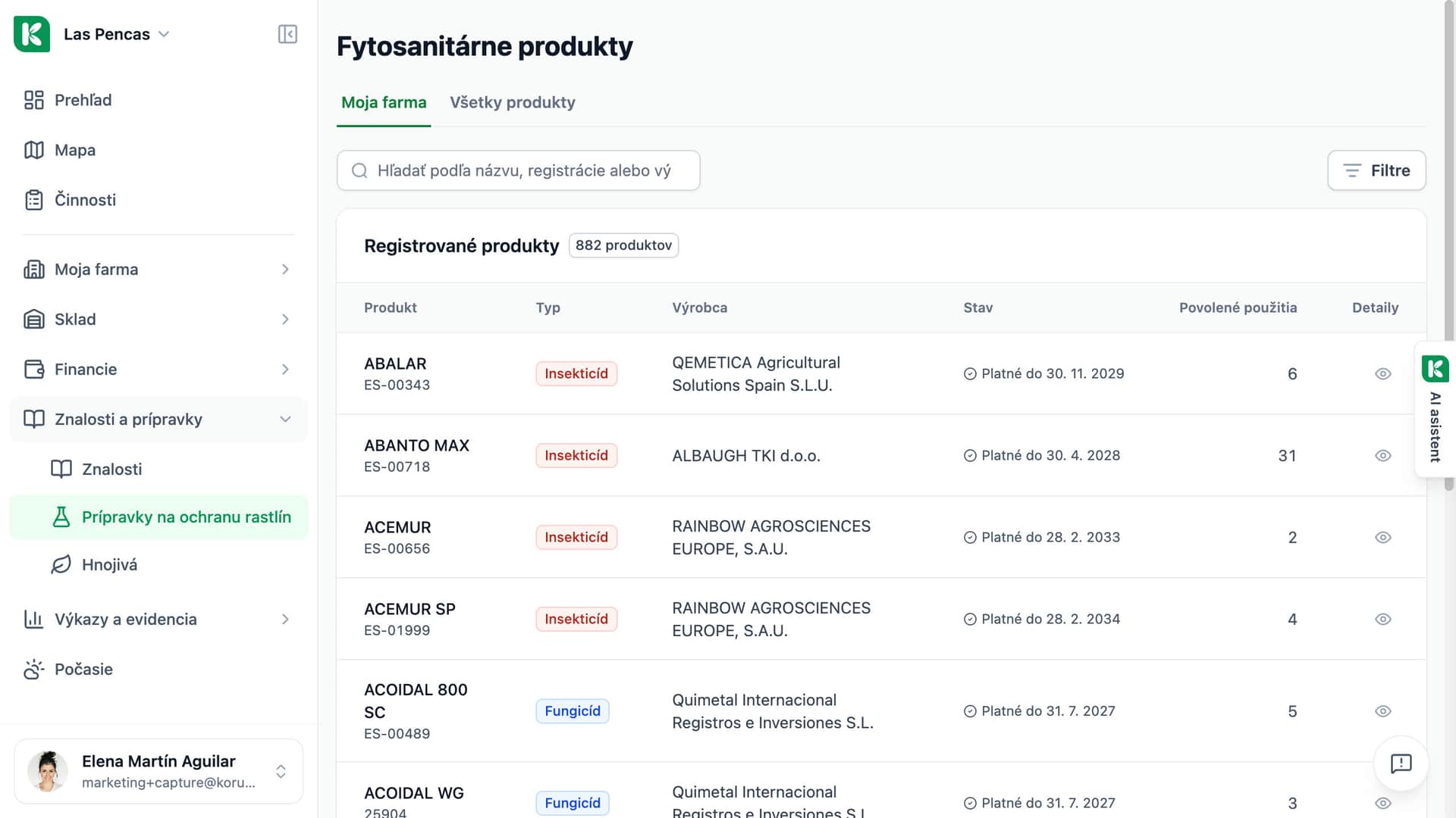 Register prípravkov na ochranu rastlín v Koru: produkty s typom, výrobcom, platnosťou povolenia a počtom povolených použití.