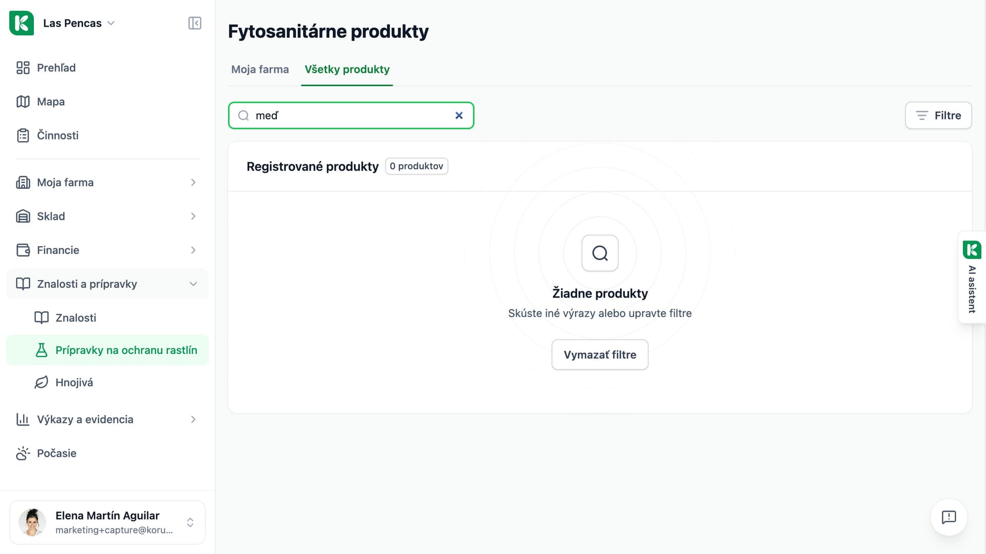 Register prípravkov v Koru s vyhľadávaním medeného prípravku medzi všetkými registrovanými produktmi.