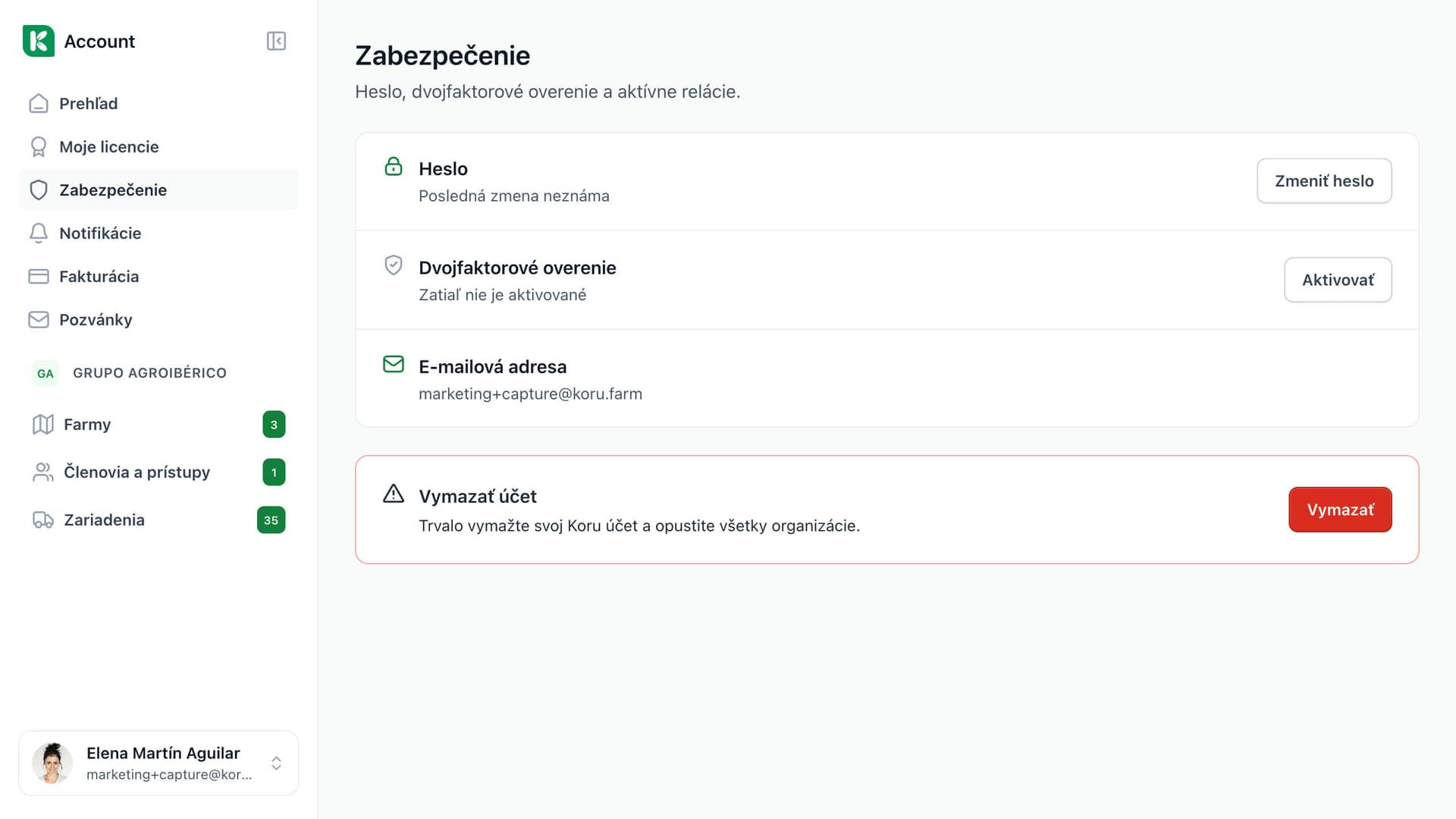 Stránka zabezpečenia účtu v Koru: heslo, dvojfaktorové overenie a e-mailová adresa.
