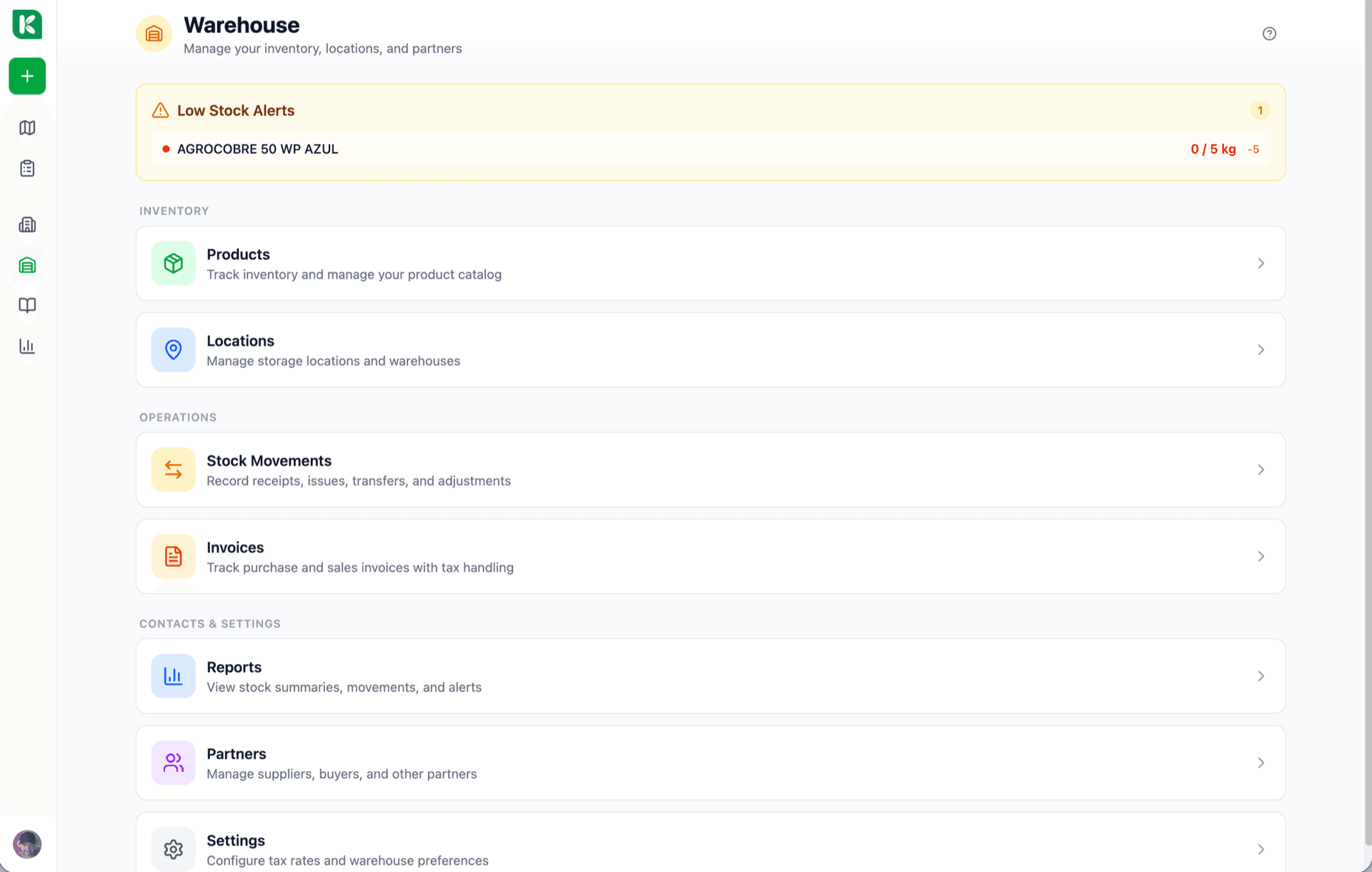 Koru mobile stock screen with a list of products, each showing current litres or kilos remaining, a progress bar to low-stock threshold, and a small 'order more' action on the two red items.