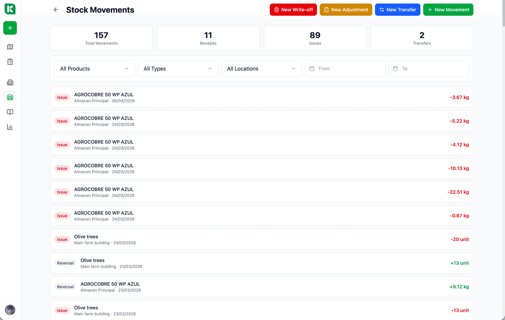 Notification screen showing a low-stock alert for a herbicide with buttons 'Order more' and 'Adjust threshold', plus a history of past reorders.