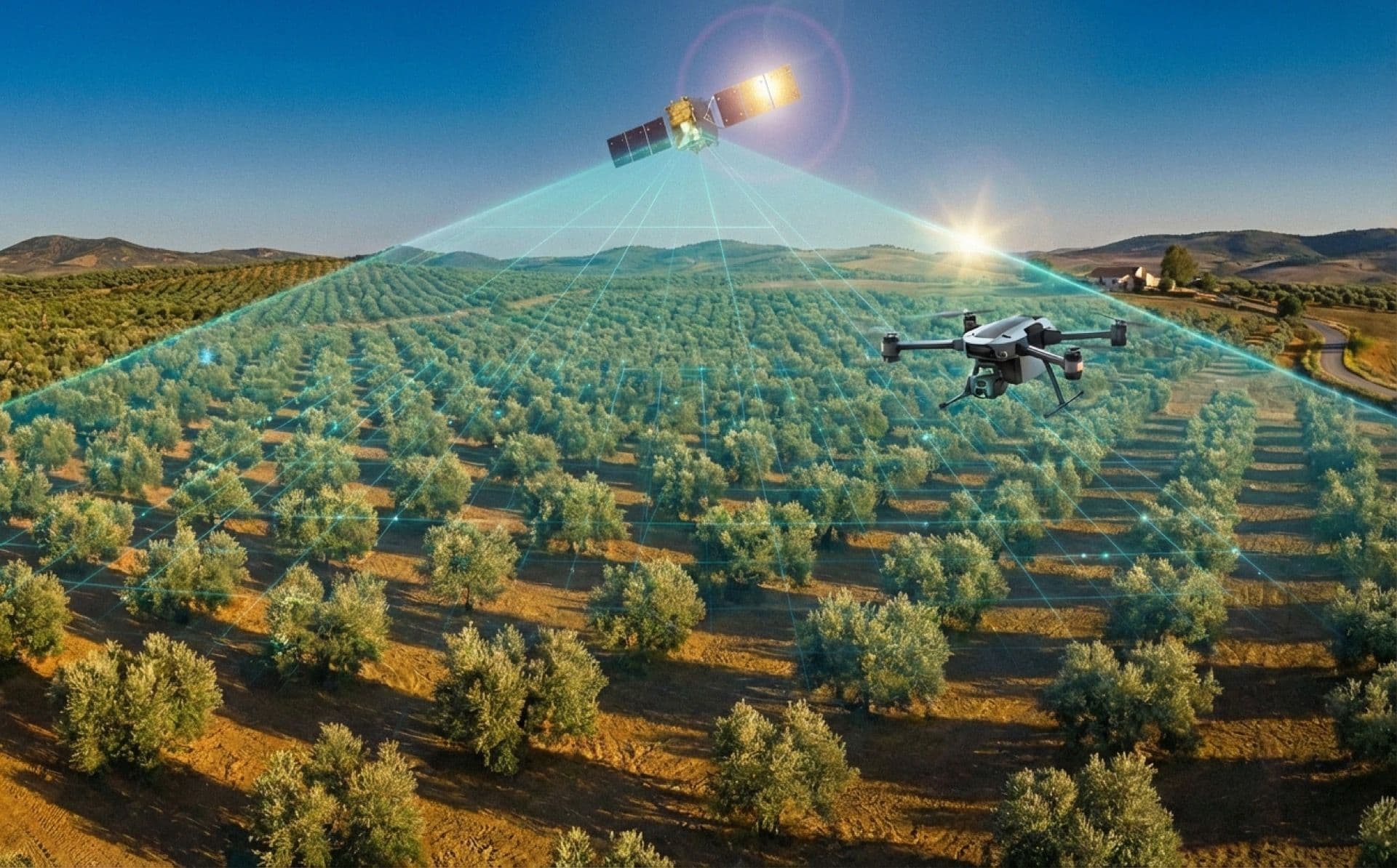 Drone or satellite imagery of a Spanish olive grove from above. Aerial perspective showing parcel rows and terrain.