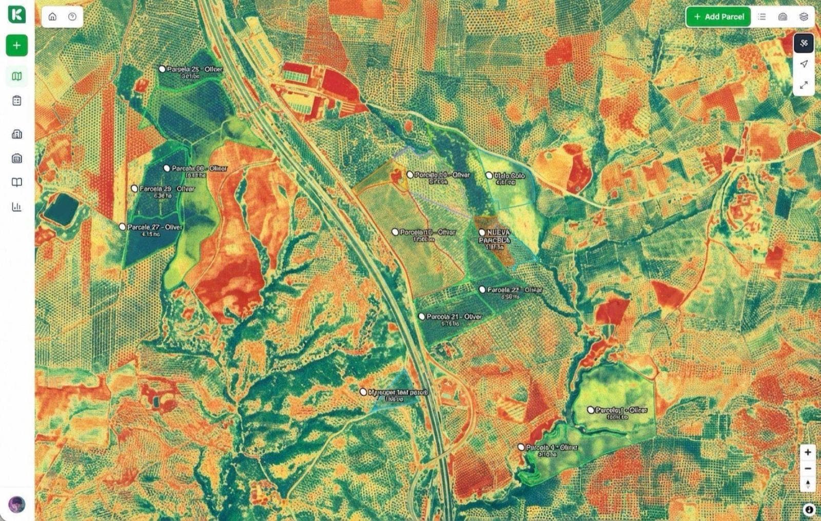 Koru Vision desktop view. Left: a satellite NDVI map of an Andalusian farm with parcel polygons coloured red→green. Right: time-series chart for the selected parcel. Top-right toast: 'Olivar Sur — vigour 18% below baseline'.