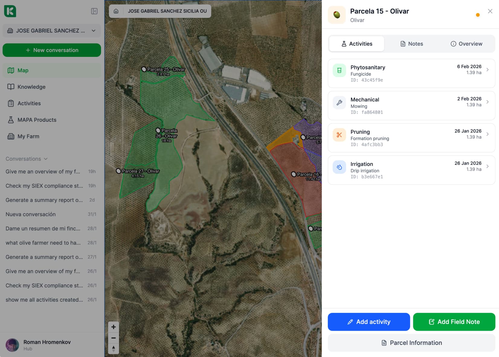 Farm dashboard — parcel detail with activities, notes, and quick actions