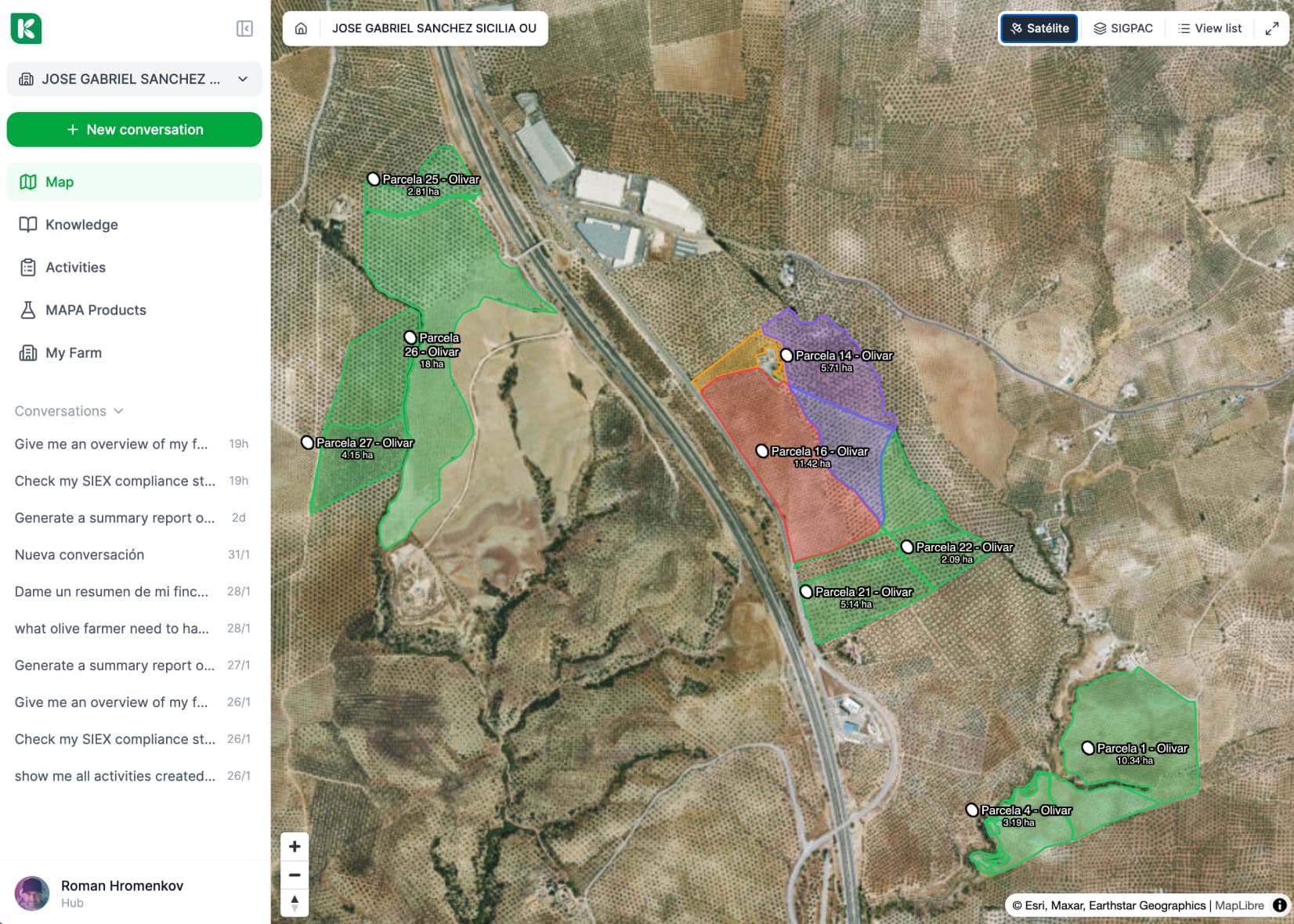Farm dashboard — satellite map with parcel polygons and activity panel