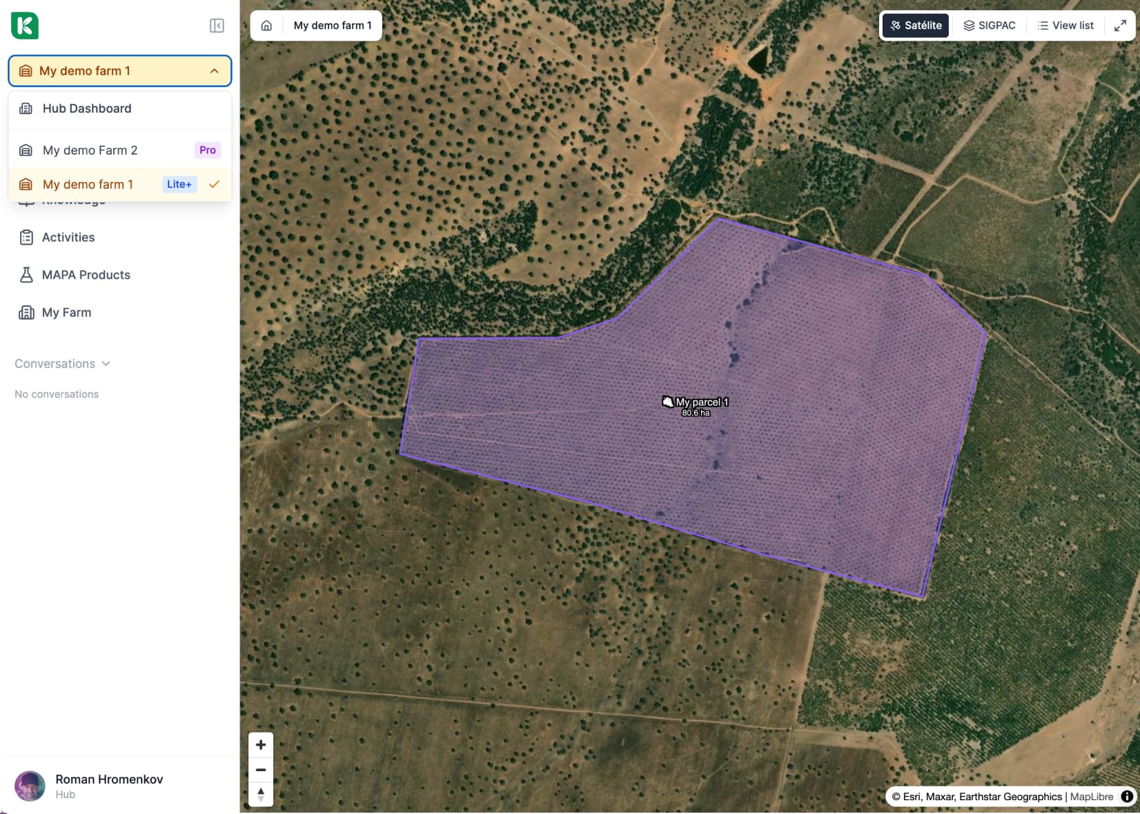 Hub — one-tap farm switching with satellite map view