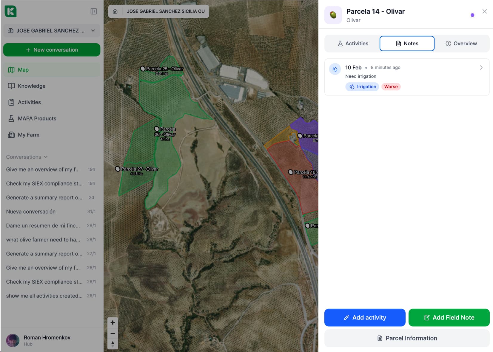 Field notes — parcel panel with notes tab and issue tags