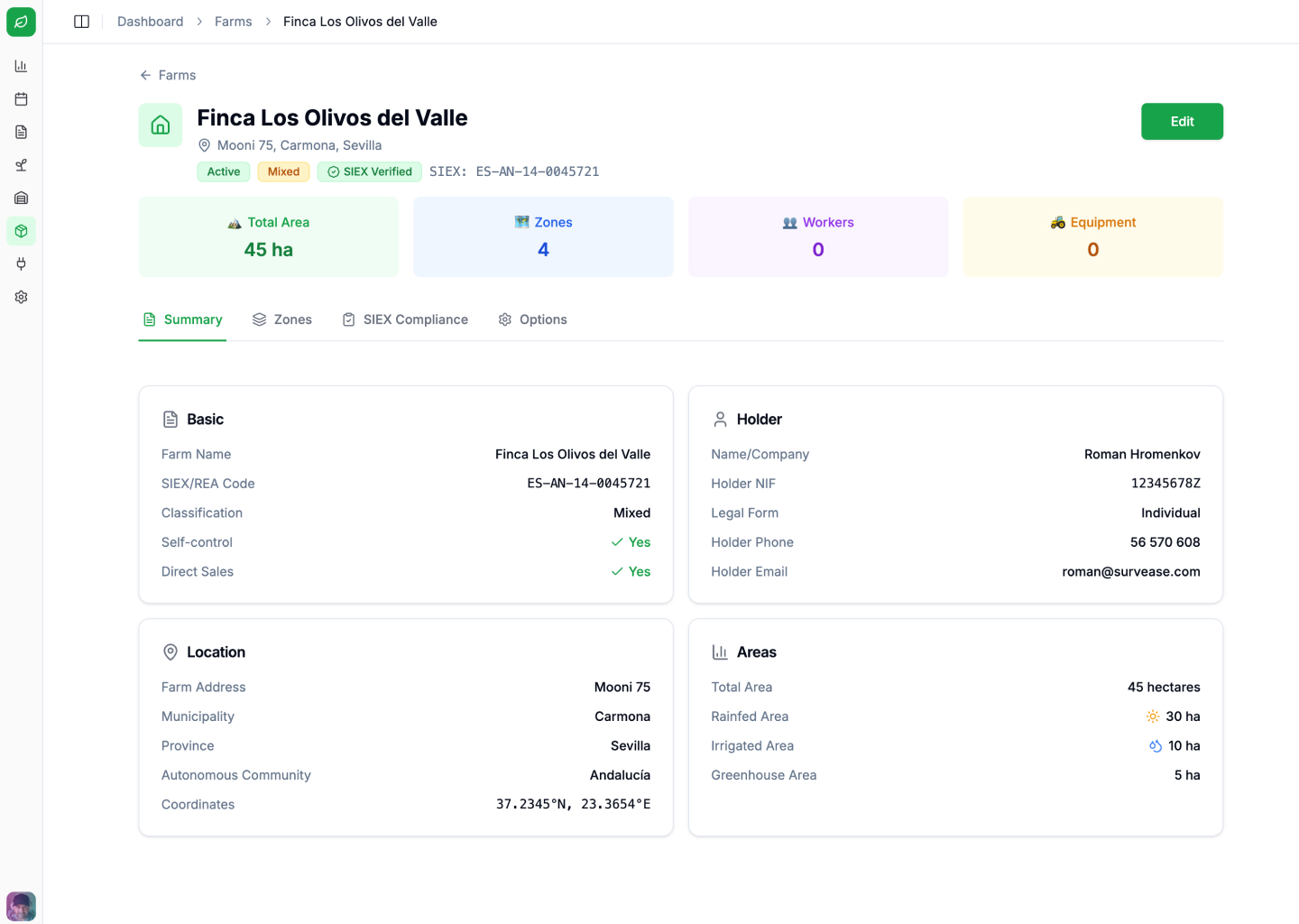 Koru.Farm dashboard showing farm overview with SIEX compliance status
