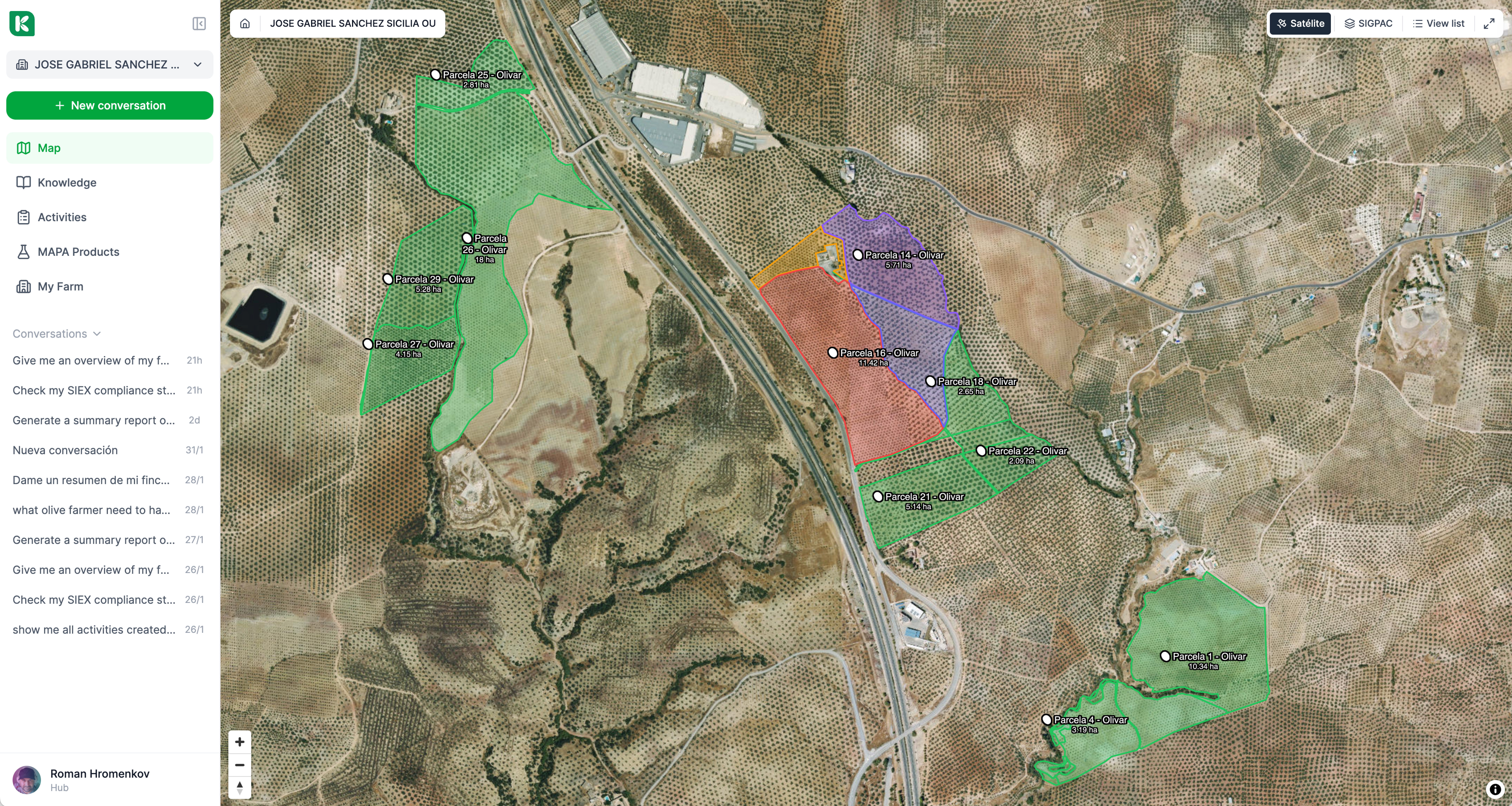 Koru.Farm interactive dashboard with satellite map and parcel management
